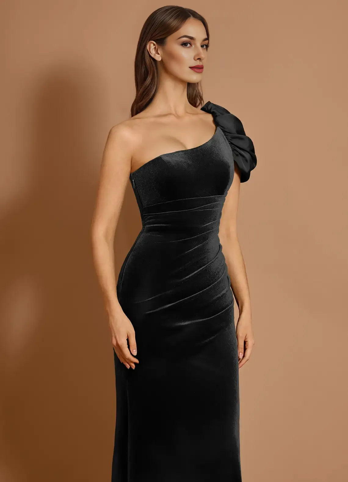Mermaid One Shoulder Pleated Velvet Satin Black Maxi Evening Dress