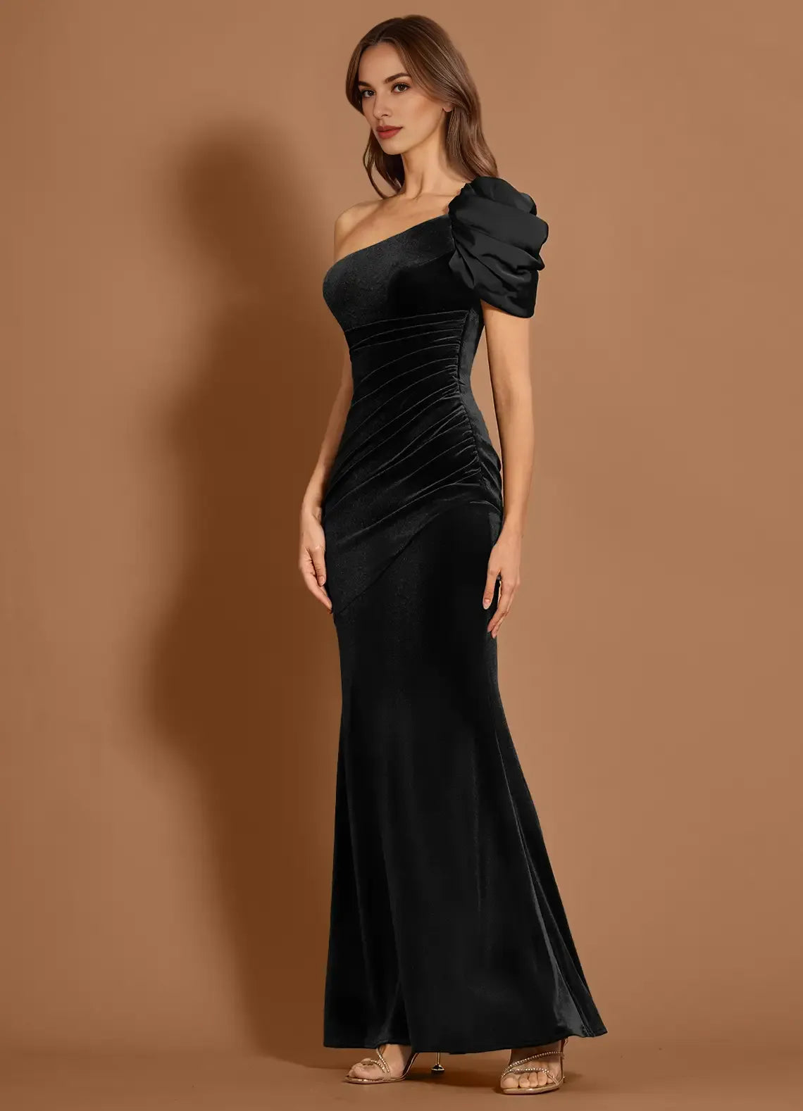 Mermaid One Shoulder Pleated Velvet Satin Black Maxi Evening Dress