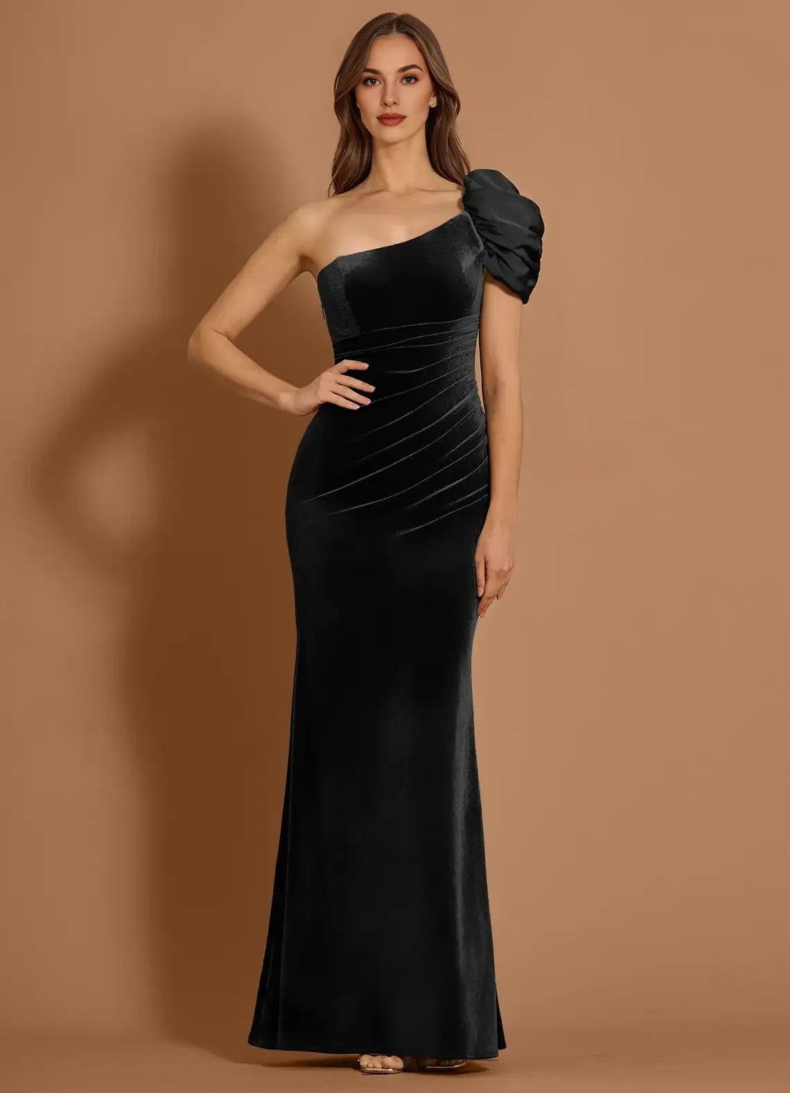Mermaid One Shoulder Pleated Velvet Satin Black Maxi Evening Dress