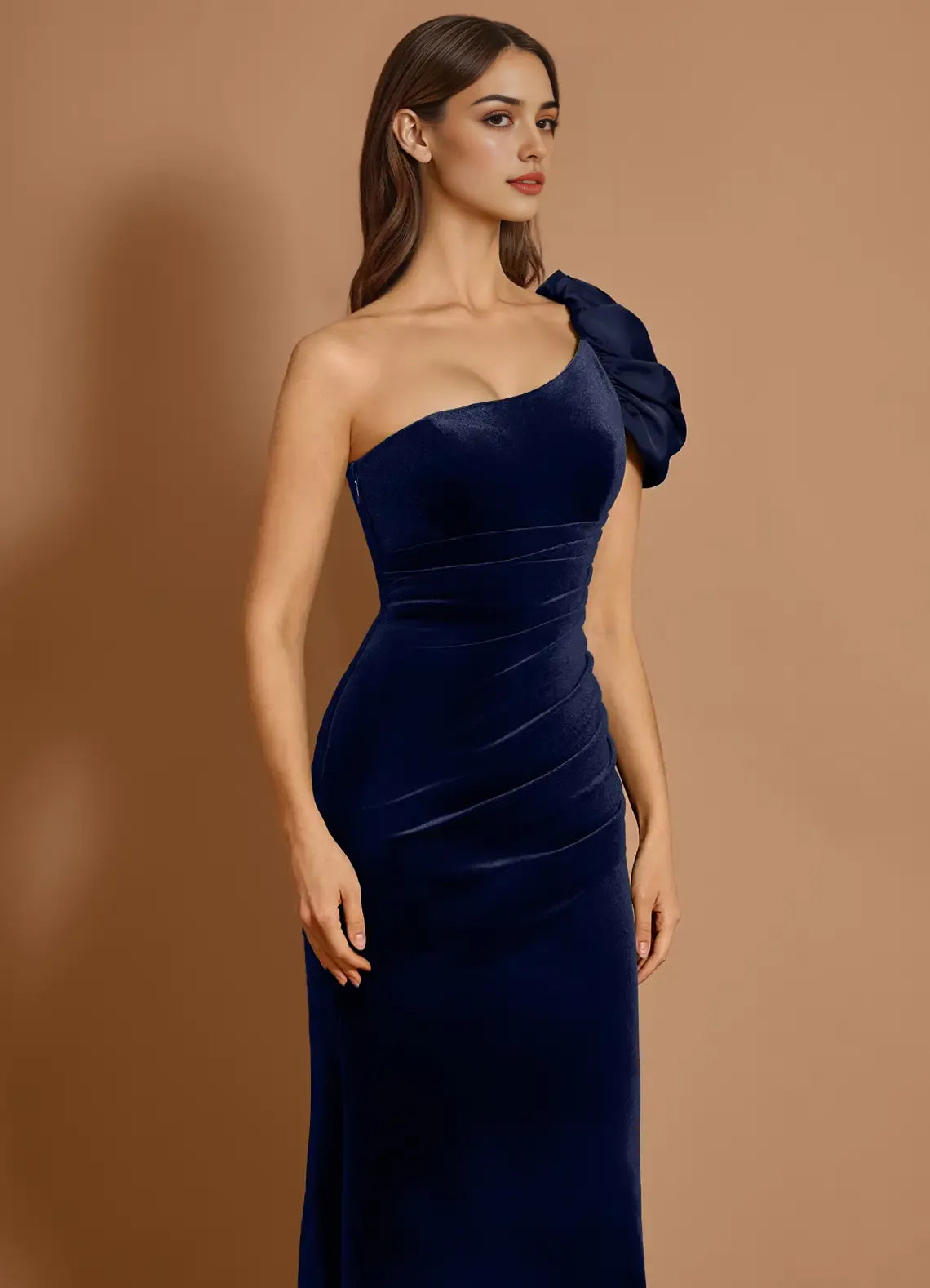 Mermaid One Shoulder Pleated Velvet Satin Navy Maxi Evening Dress