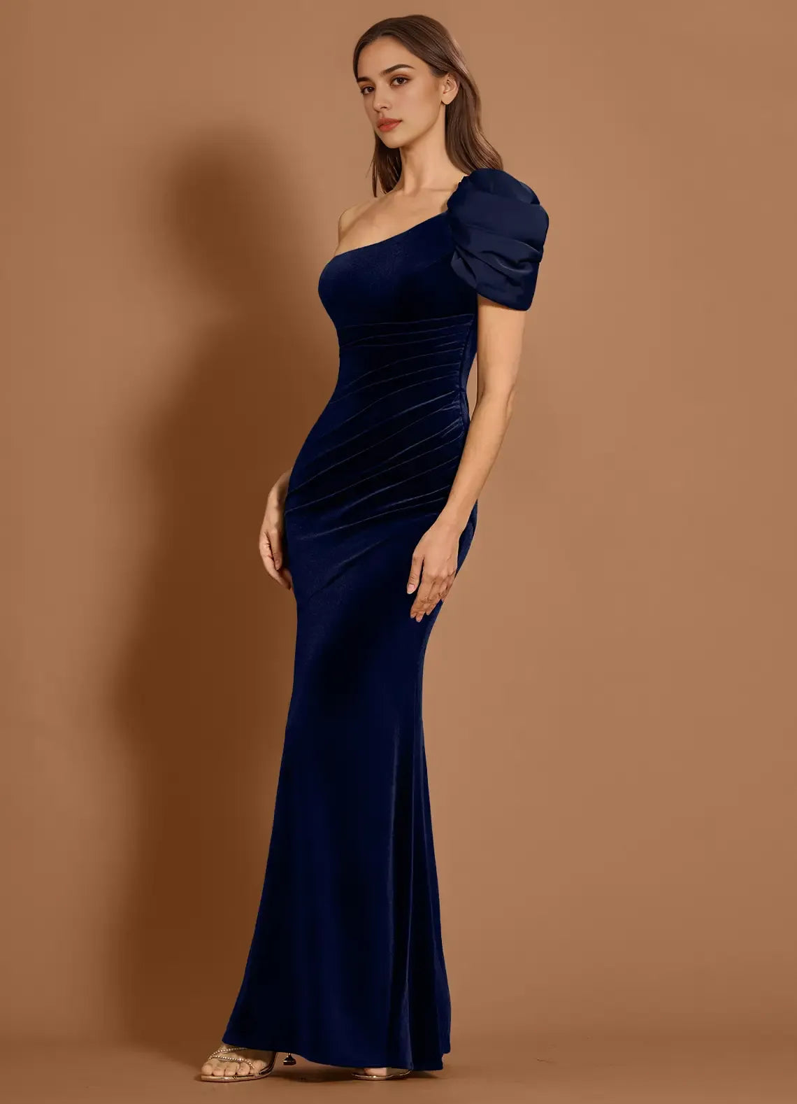Mermaid One Shoulder Pleated Velvet Satin Navy Maxi Evening Dress