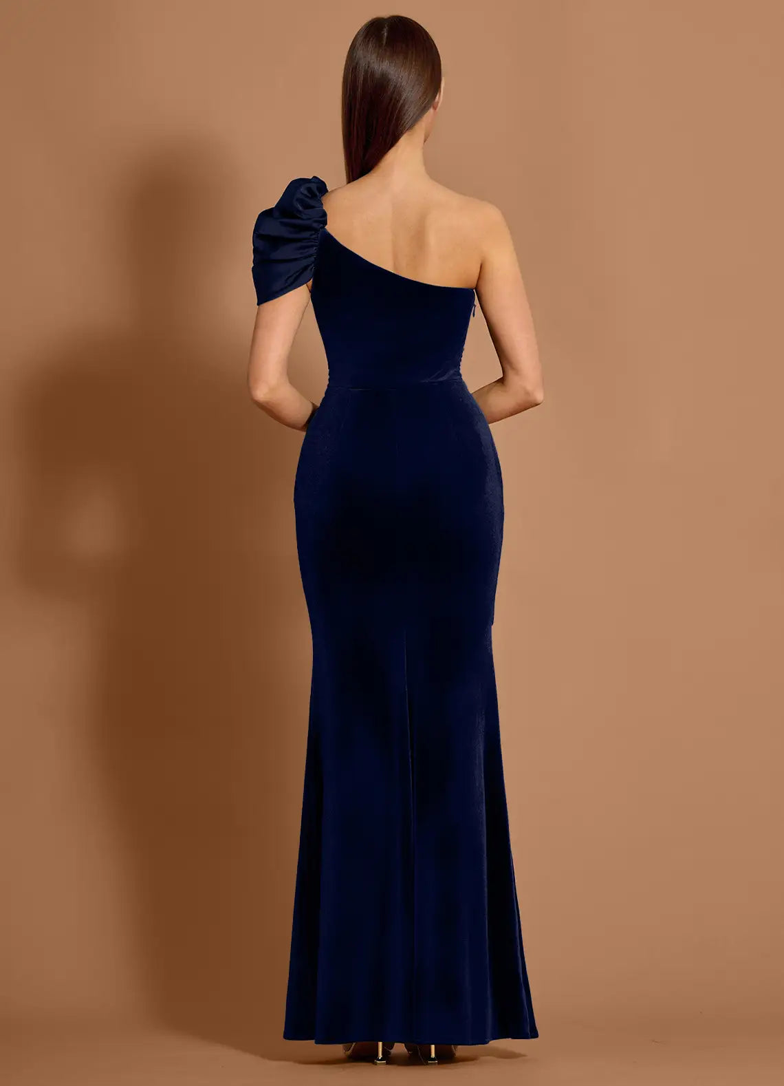 Mermaid One Shoulder Pleated Velvet Satin Navy Maxi Evening Dress