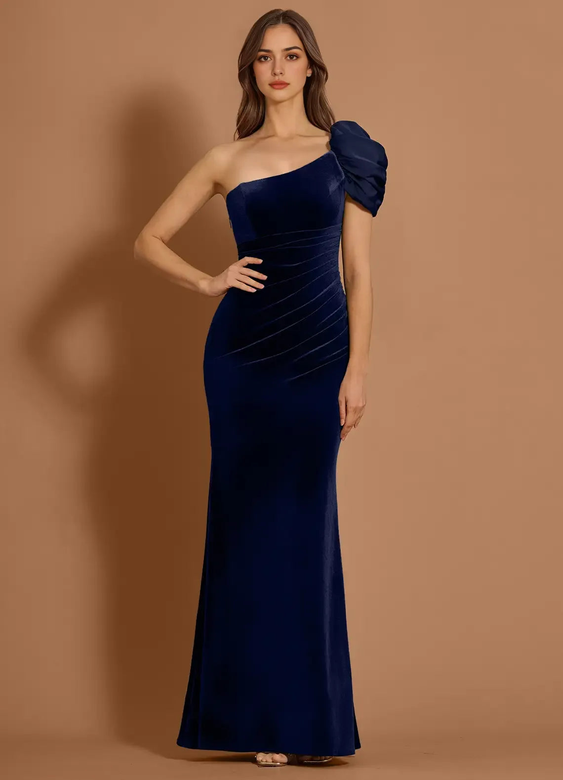 Mermaid One Shoulder Pleated Velvet Satin Navy Maxi Evening Dress