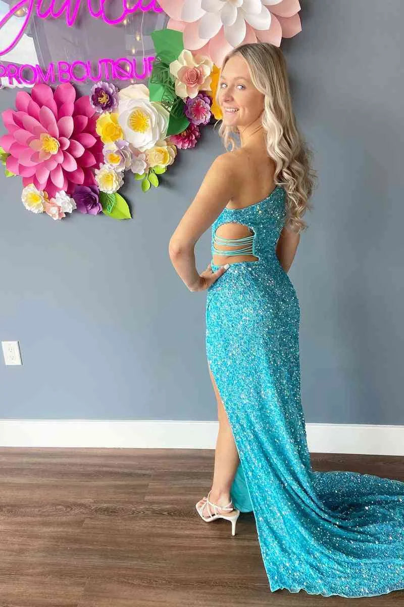 Mermaid One Shoulder Sleeveless Cutout Slit Sequins Lilac Long Evening Dress