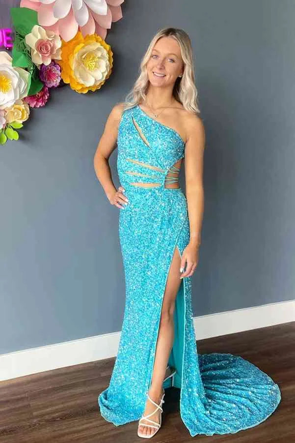 Mermaid One Shoulder Sleeveless Cutout Slit Sequins Lilac Long Evening Dress