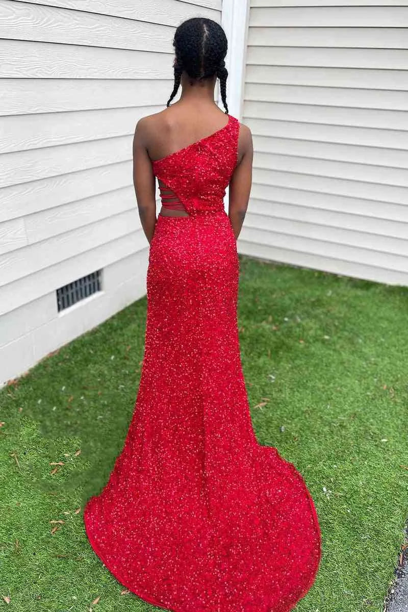 Mermaid One Shoulder Sleeveless Cutout Slit Sequins Lilac Long Evening Dress