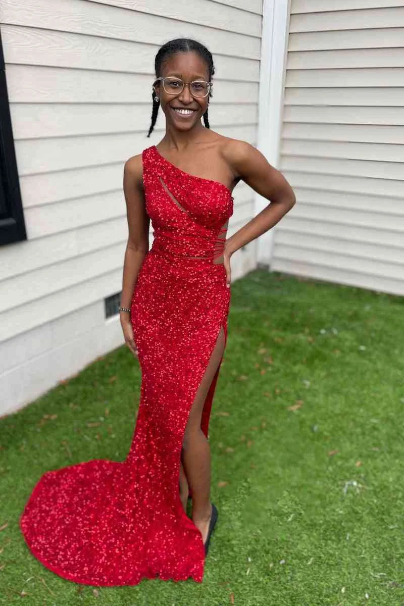 Mermaid One Shoulder Sleeveless Cutout Slit Sequins Lilac Long Evening Dress