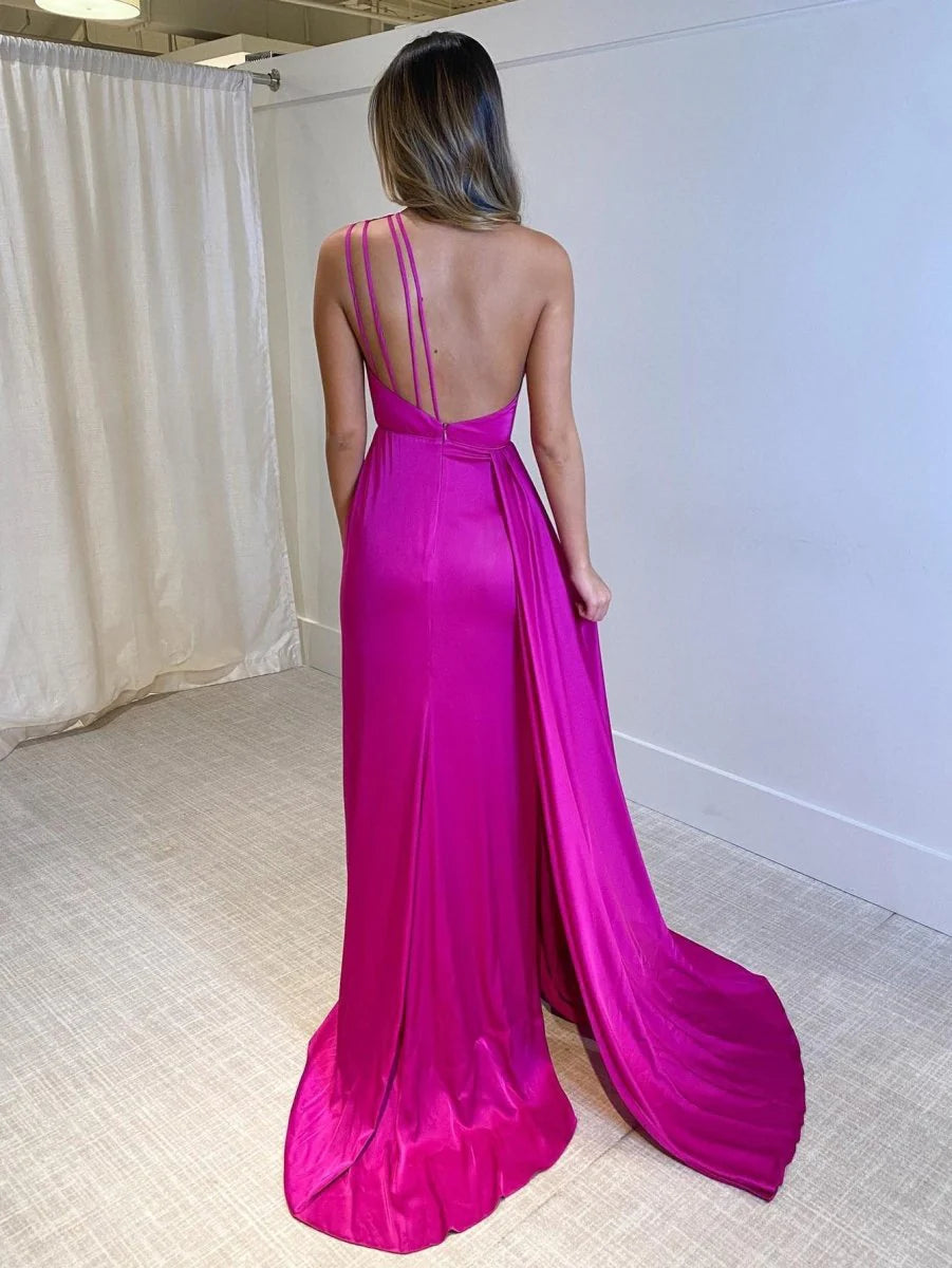 Mermaid One Shoulder Slit Satin Fuchsia Floor Length Evening Dress