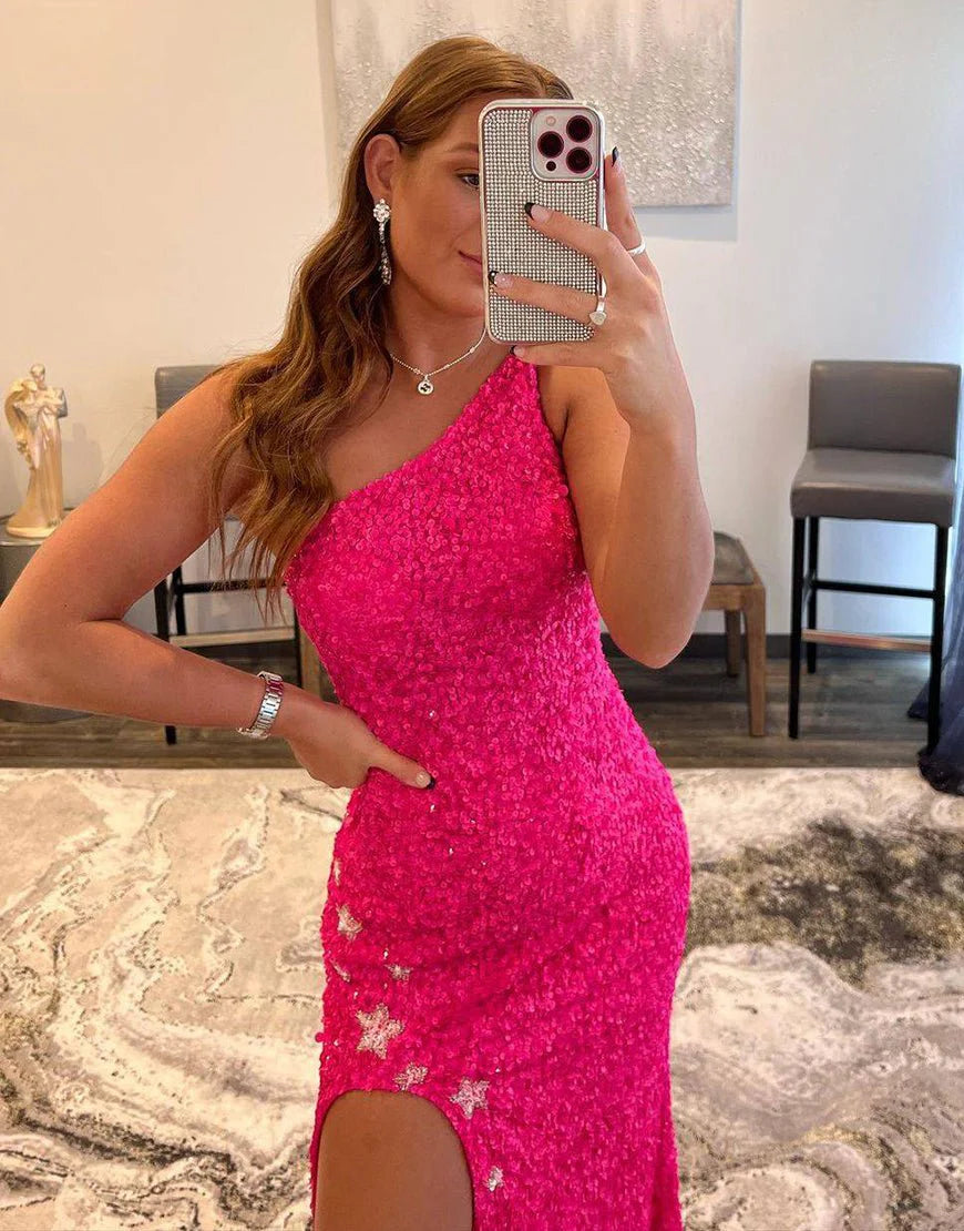 Mermaid One Shoulder Stars Applique Sequins Fuchsia Long Evening Dress