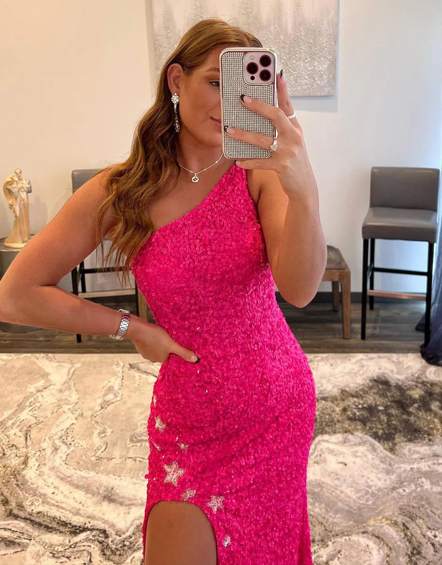 Mermaid One Shoulder Stars Applique Sequins Fuchsia Long Evening Dress