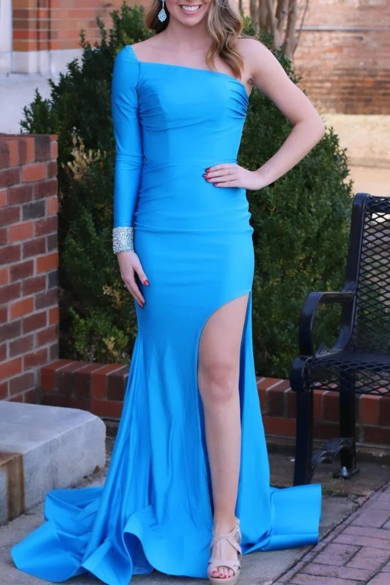 Mermaid One shoulder Long Sleeves Slit Satin Blue Long Prom Dress With Sweep Train