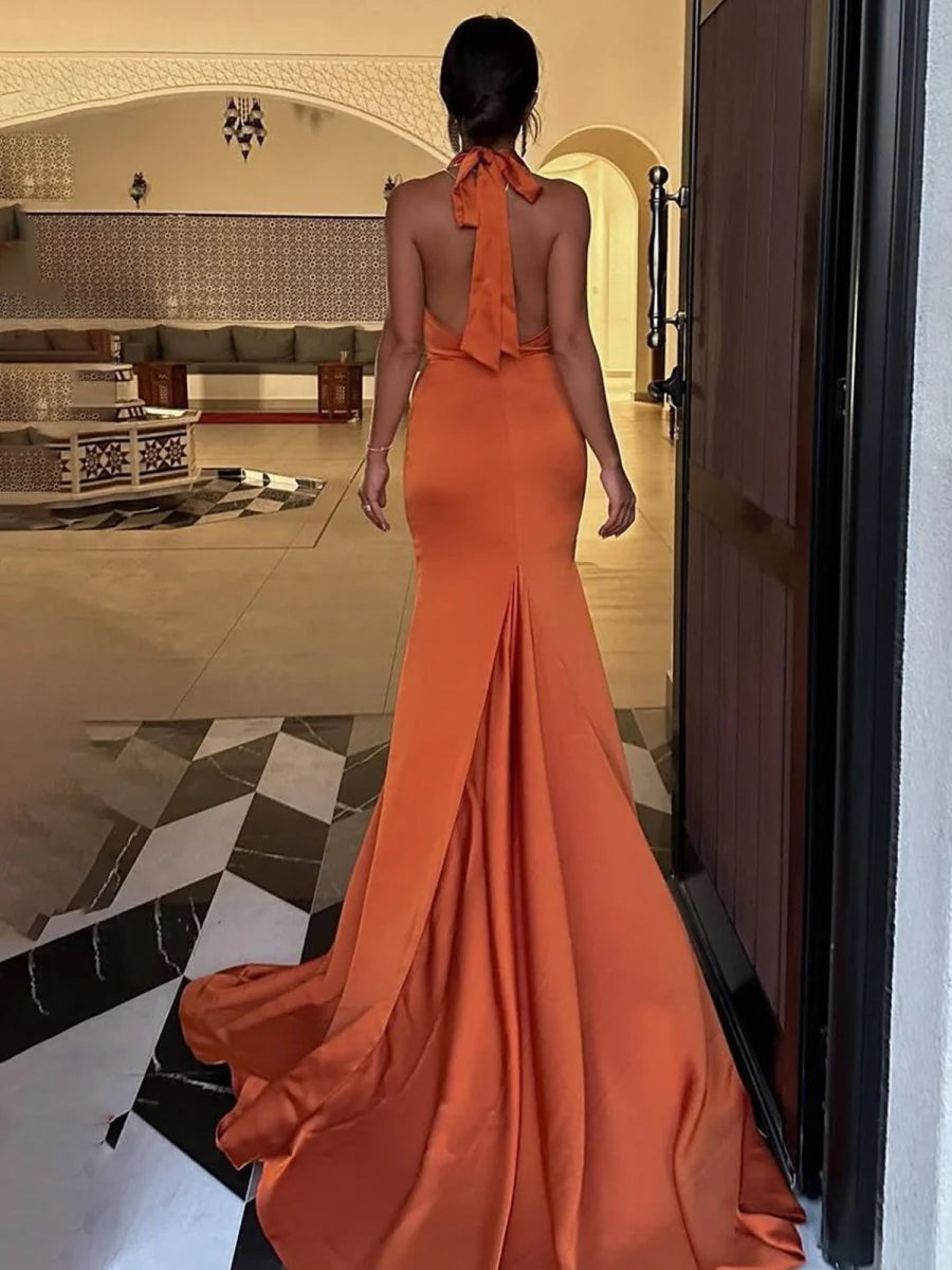 Mermaid Orange Satin Halter Draped Collar Sleeveless Pleated Prom Dress With Sweep Train