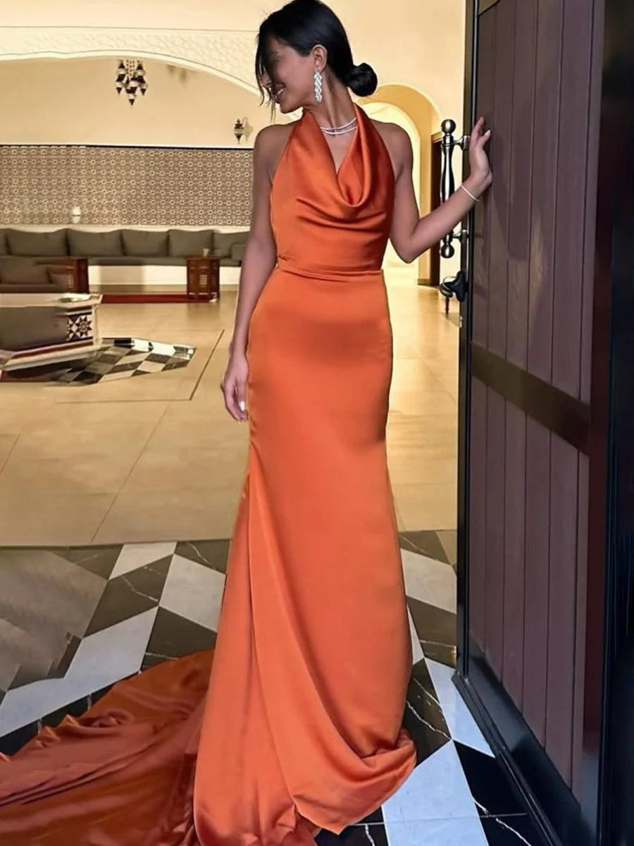 Mermaid Orange Satin Halter Draped Collar Sleeveless Pleated Prom Dress With Sweep Train