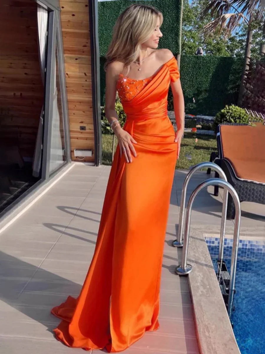 Mermaid Orange Satin With Beaded One Shoulder Pleated Empire-Waist Long Prom Dress With Streamer