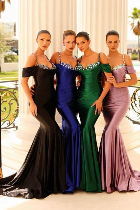 Mermaid Patchwork Spaghetti Strap Pleated Prom Dress With Train Discount Long Party Dresses