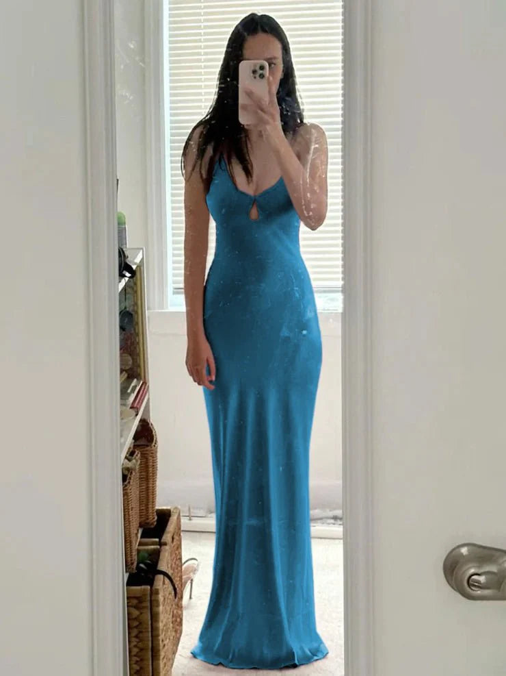 Mermaid Pink Satin Scoop Neck Spaghetti Straps Keyhole Sheath Long Prom Dress Low Cost Party Dresses