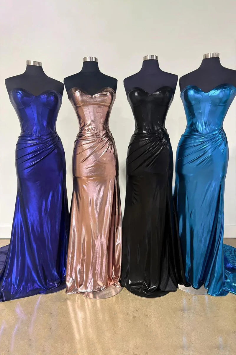 Mermaid Purple Metallic Strapless Split Long Formal Prom Dress With Sweep Train Discount Long Party Dresses