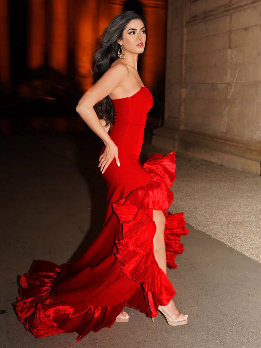 Mermaid Red Satin Scoop Neck Strapless Ruffle Sleeveless Long Prom Dress With Train Discount Long Party Dresses