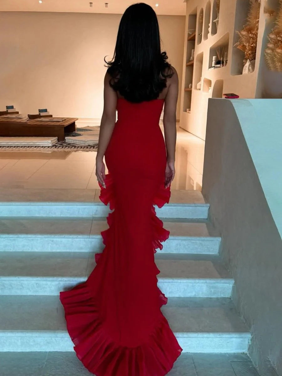 Mermaid Red Satin Scoop Neck Strapless Ruffle Sleeveless Long Prom Dress With Train Discount Long Party Dresses