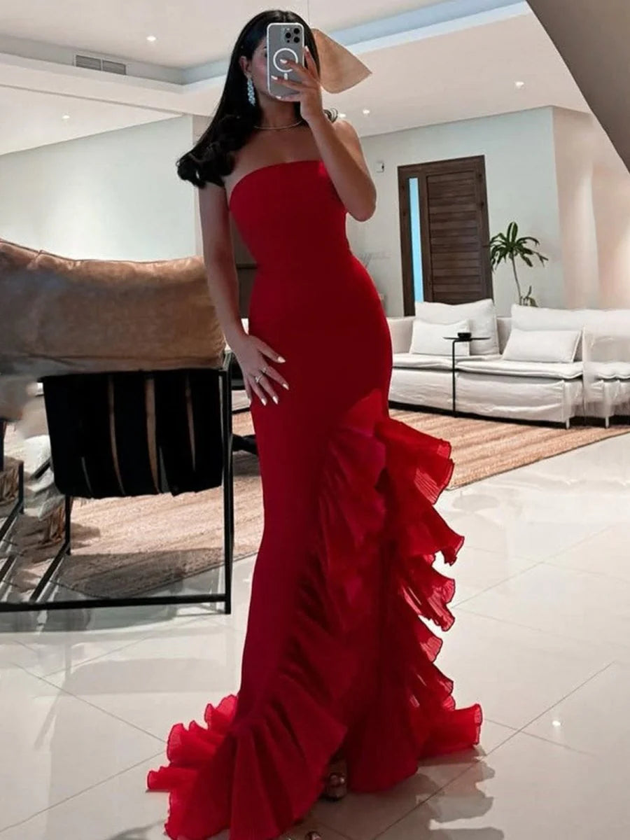 Mermaid Red Satin Scoop Neck Strapless Ruffle Sleeveless Long Prom Dress With Train Discount Long Party Dresses