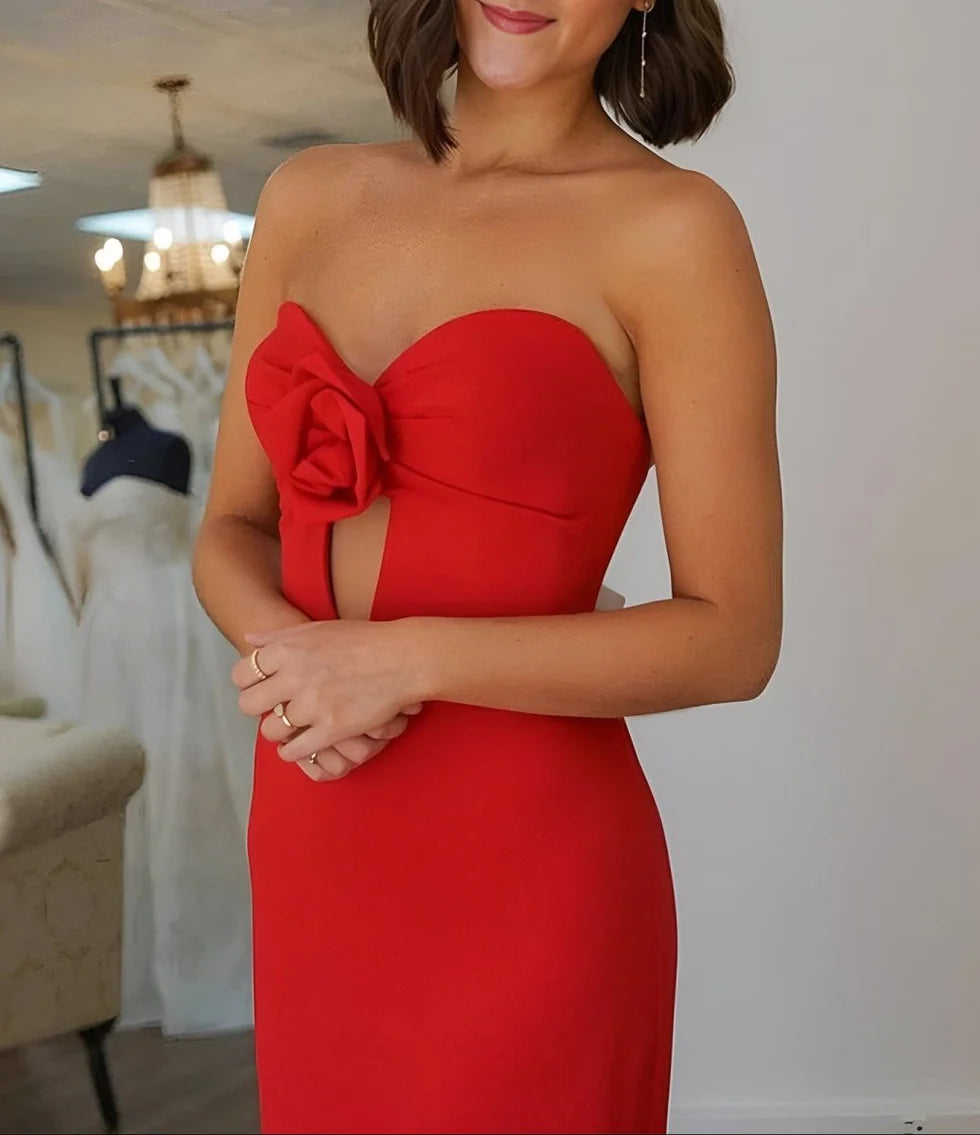 Mermaid Red Satin Sweetheart Flowers Cut Out Keyhole Floor Length Prom Dress Affordable Satin Party Dresses