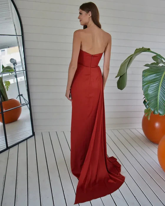 Mermaid Red Strapless Pleated Split Long Prom Dress With Train Discount Long Party Dress