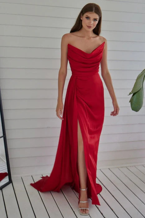 Mermaid Red Strapless Pleated Split Long Prom Dress With Train Discount Long Party Dress