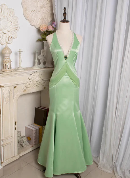 Mermaid Retro Light Green Satin Water Drop Beaded Deep V Backless Prom Dress Hot Sale Party Dresses for Women