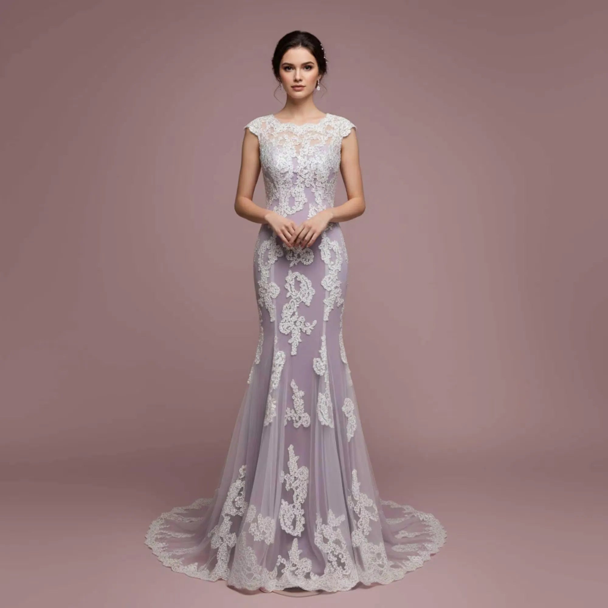 Mermaid Round Neck Cap Sleeve White Lace Applique Lavender Train Prom Dress
