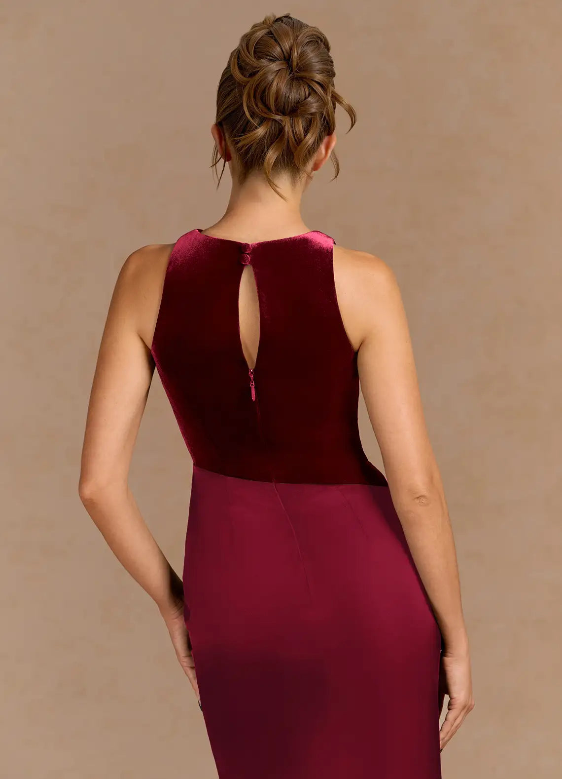 Mermaid Round Neck Pleated Velvet Satin Merlot Maxi Evening Dress
