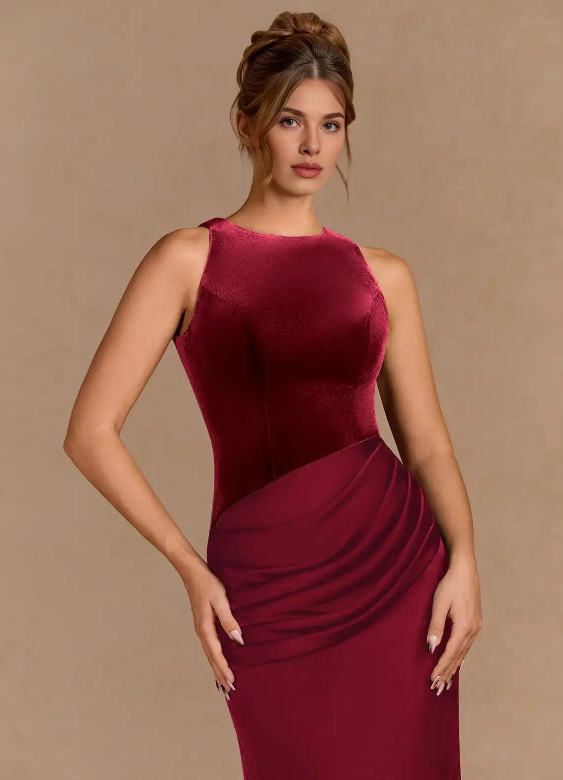 Mermaid Round Neck Pleated Velvet Satin Merlot Maxi Evening Dress