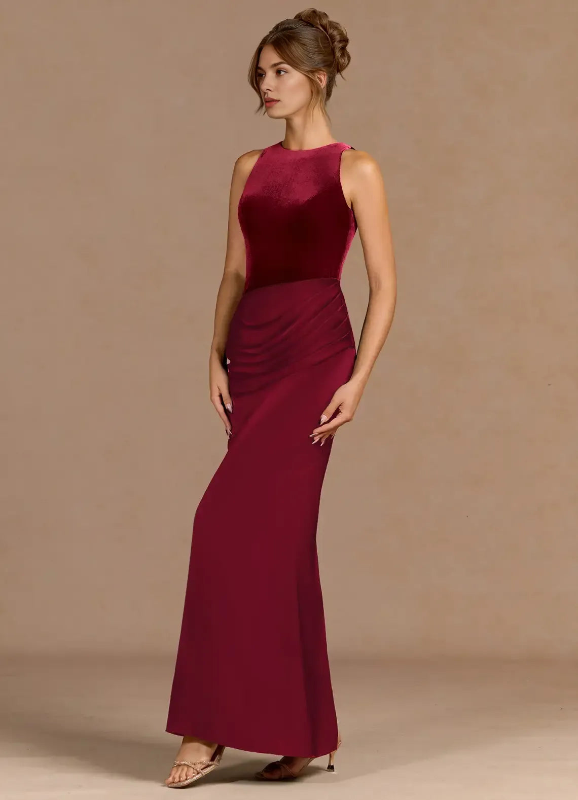 Mermaid Round Neck Pleated Velvet Satin Merlot Maxi Evening Dress