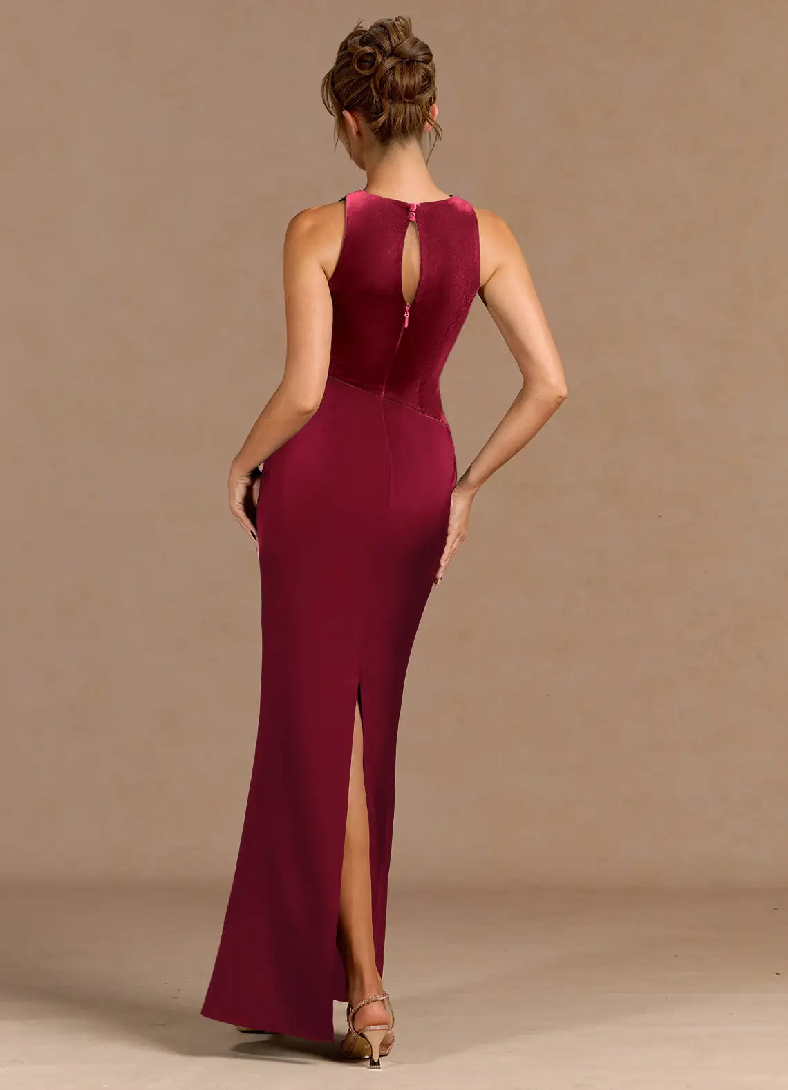 Mermaid Round Neck Pleated Velvet Satin Merlot Maxi Evening Dress