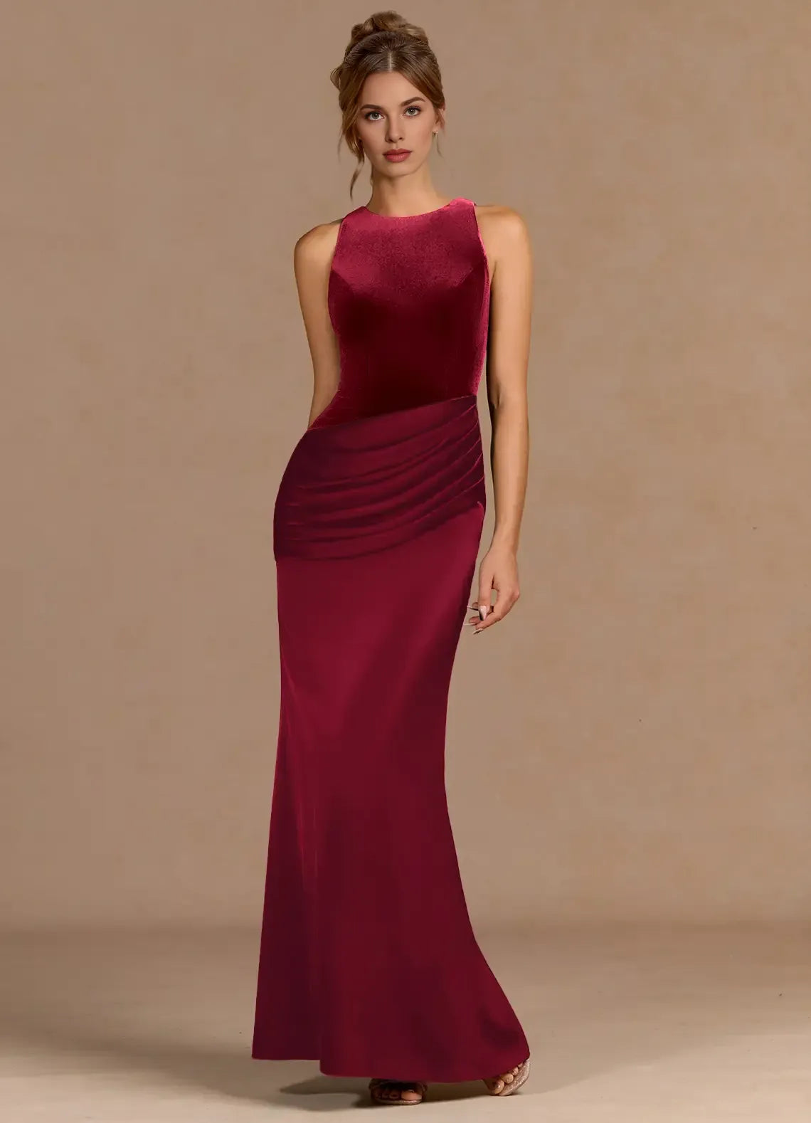 Mermaid Round Neck Pleated Velvet Satin Merlot Maxi Evening Dress