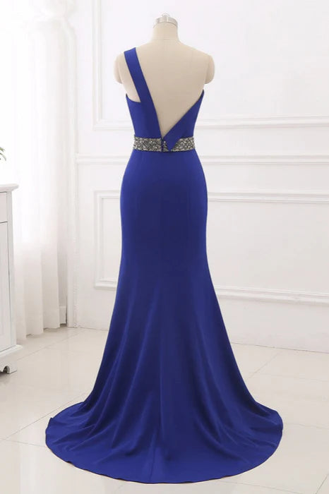 Mermaid Royal Blue One-Shoulder Backless Beaded Long Prom Dress Discount Long Party Dress