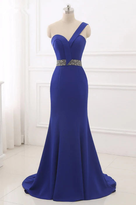 Mermaid Royal Blue One-Shoulder Backless Beaded Long Prom Dress Discount Long Party Dress