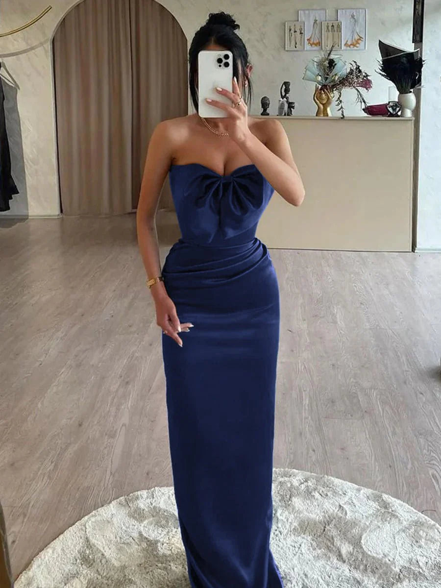 Mermaid Royal Blue Satin Sweetheart Pleated Long Prom Dresses With Bow Budget Party Dresses