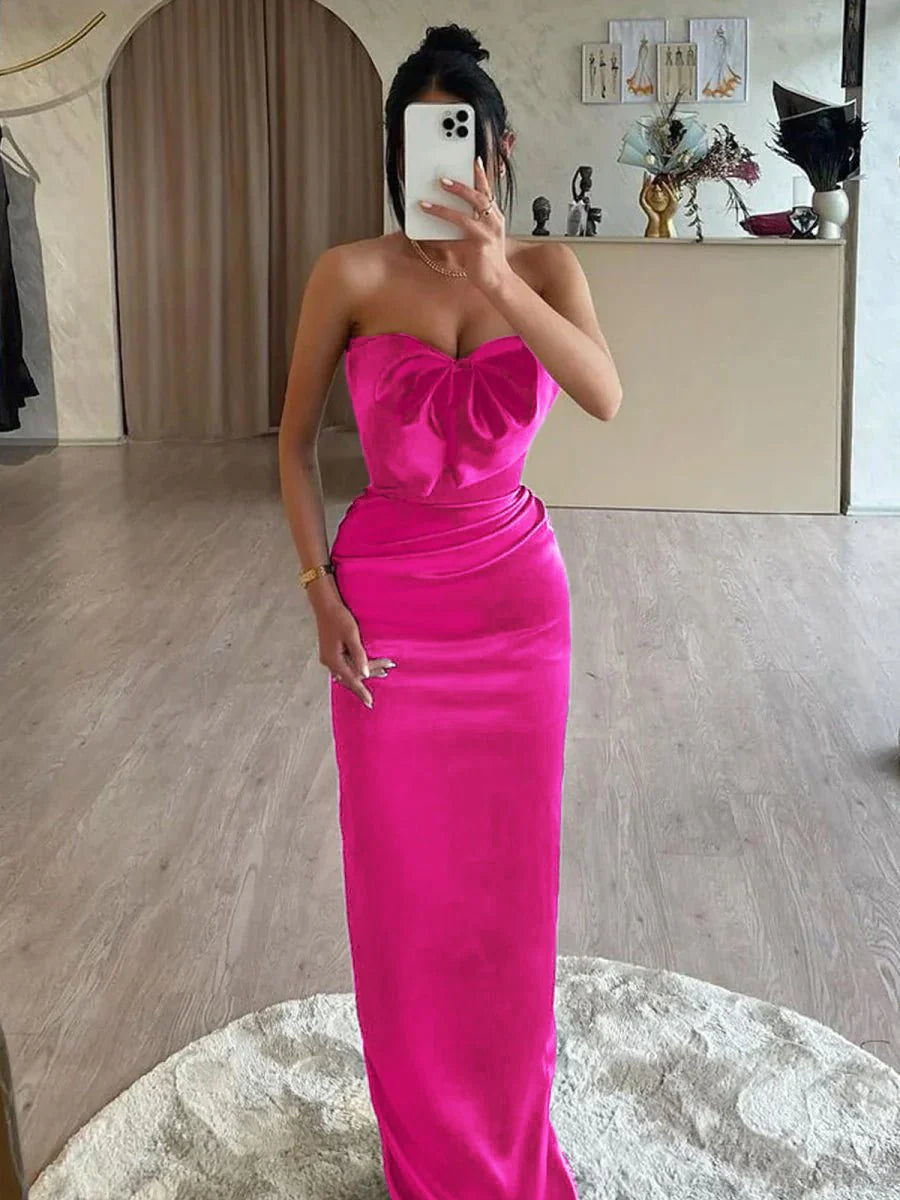 Mermaid Royal Blue Satin Sweetheart Pleated Long Prom Dresses With Bow Budget Party Dresses