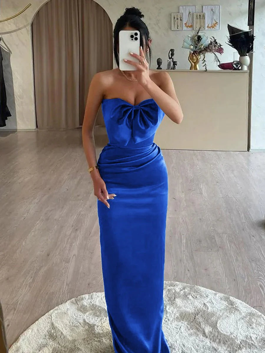 Mermaid Royal Blue Satin Sweetheart Pleated Long Prom Dresses With Bow Budget Party Dresses