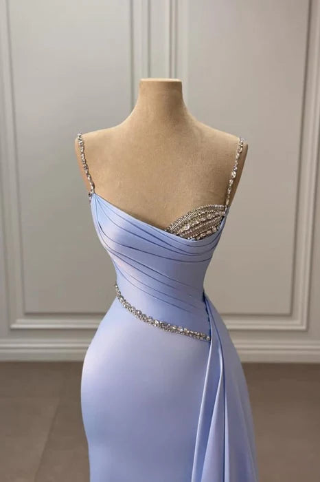 Mermaid Sheath Satin Ruched Spaghetti Straps Charming Long Prom Dress With Sweep Train