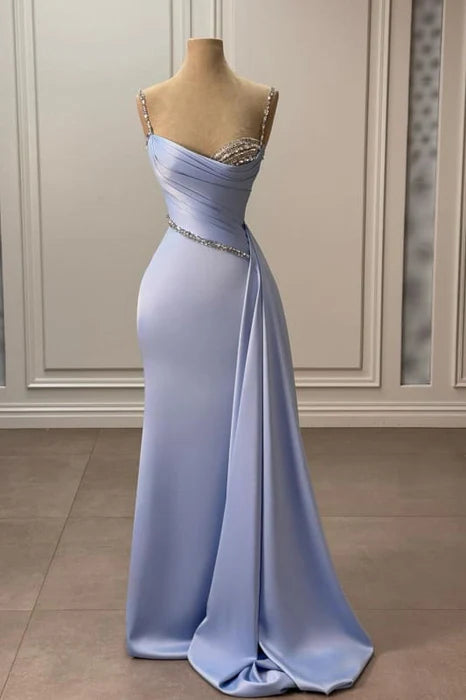 Mermaid Sheath Satin Ruched Spaghetti Straps Charming Long Prom Dress With Sweep Train