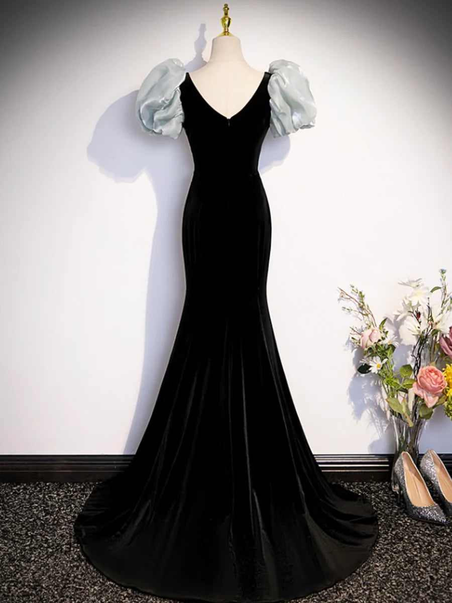 Mermaid Short Sleeves Velvet Black Long Prom Dress With Removable Bow Accents