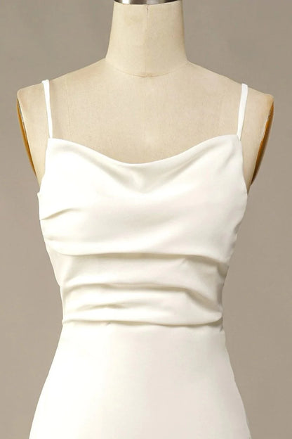 Mermaid Simple Ivory Satin Soft Spaghetti Straps Long Beach Wedding Dresses With Sweep Train
