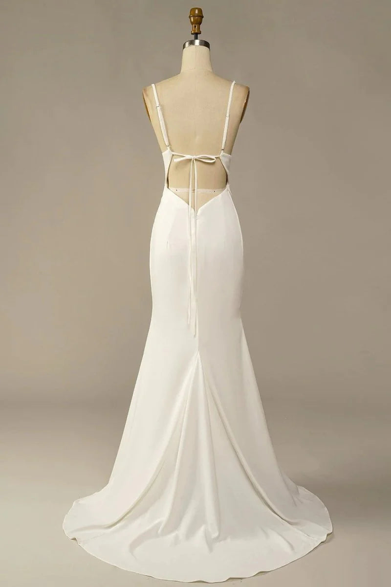 Mermaid Simple Ivory Satin Soft Spaghetti Straps Long Beach Wedding Dresses With Sweep Train