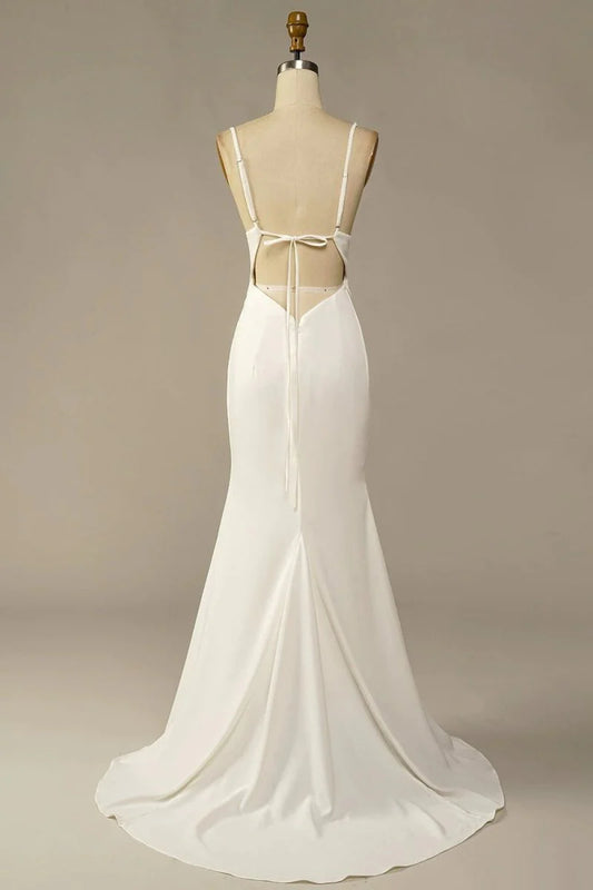 Mermaid Simple Ivory Satin Soft Spaghetti Straps Long Beach Wedding Dresses With Sweep Train