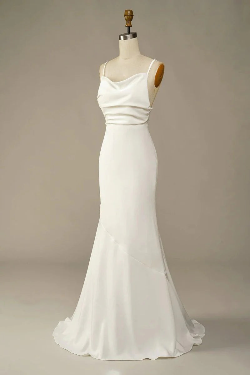 Mermaid Simple Ivory Satin Soft Spaghetti Straps Long Beach Wedding Dresses With Sweep Train