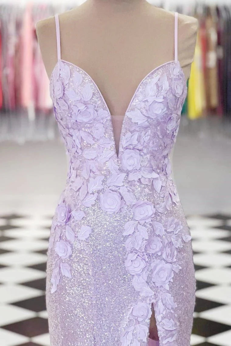 Mermaid Spaghetti Strap 3D Appliques Sequins Lavender Floor Length Evening Dress