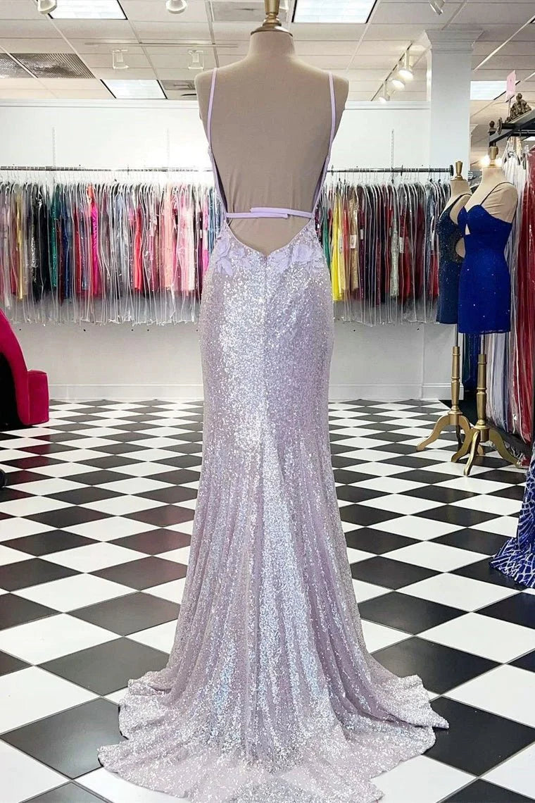Mermaid Spaghetti Strap 3D Appliques Sequins Lavender Floor Length Evening Dress