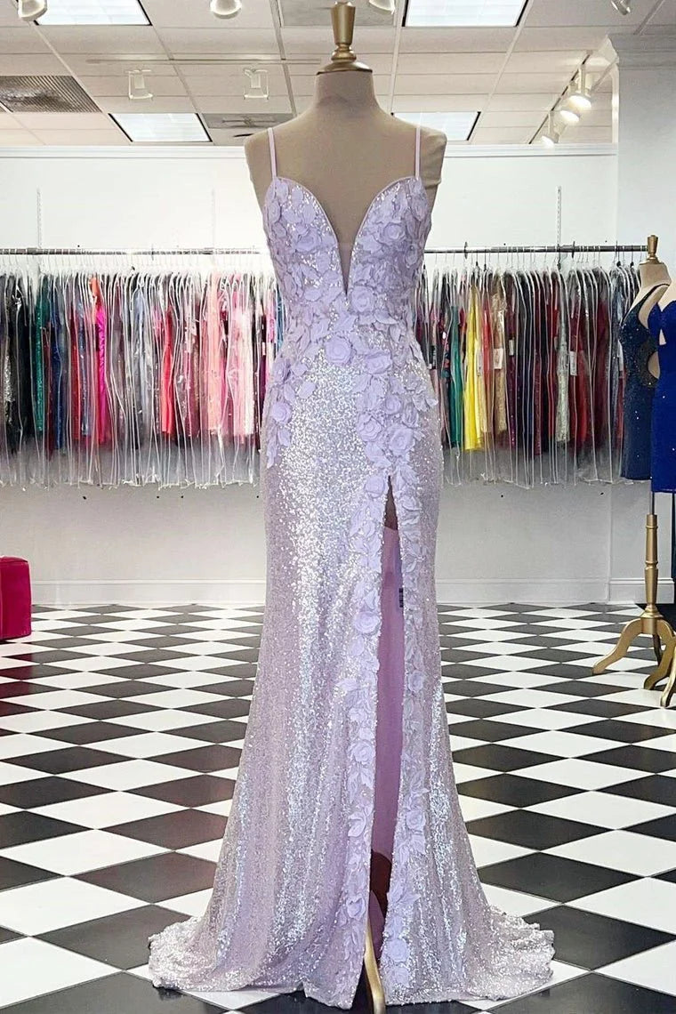 Mermaid Spaghetti Strap 3D Appliques Sequins Lavender Floor Length Evening Dress