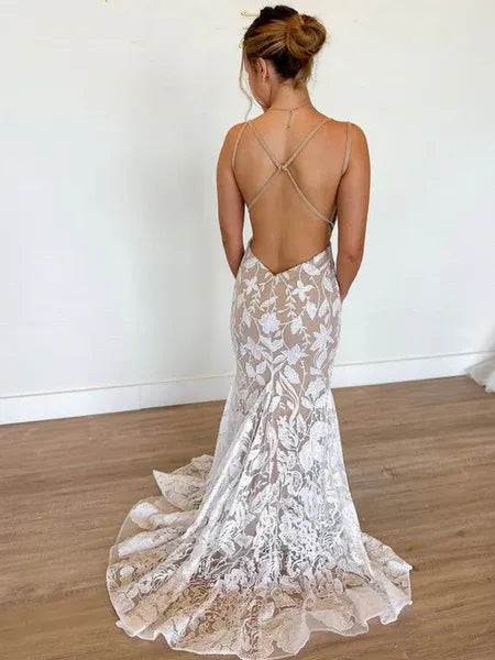 Mermaid Spaghetti Strap Backless Lace White Evening Dress With Sweep Train